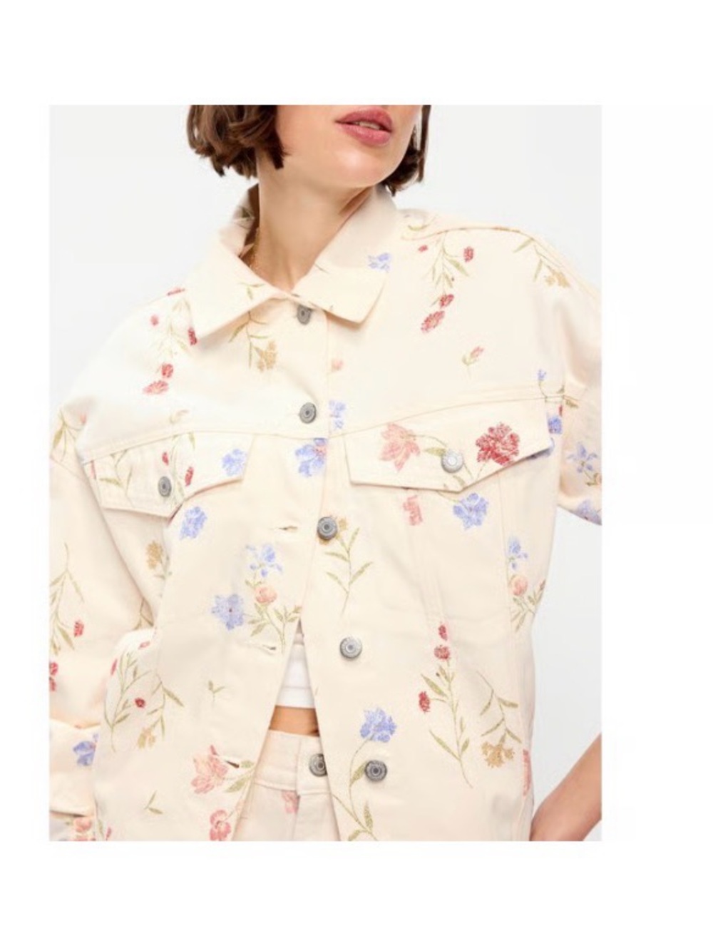 Old Navy Cream Embroidered Floral Jean Jacket - Picture 1 of 2